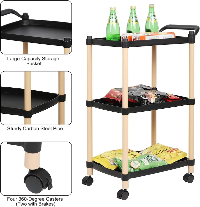 Black 3-Tier Utility Cart with Wheels