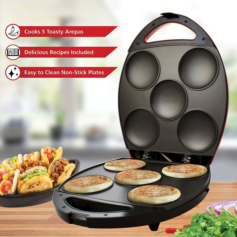 Brentwood Red 1200 Watt 5-Piece Nonstick Arepa Maker