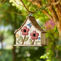 Glitzhome® 10.5" White Distressed Wood Birdhouse with Flowers