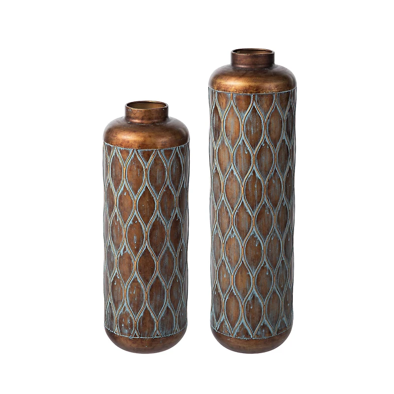 Glitzhome® Antique Gold with Verdigris Finish Cylinder Metal Floor Vases Set