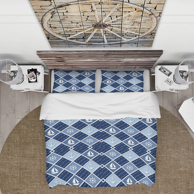 Designart 'Anchor and sailboat on blue waves' Coastal Bedding Set