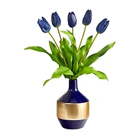 22" Blue Dutch Tulip Arrangement in Blue & Gold Designer Vase
