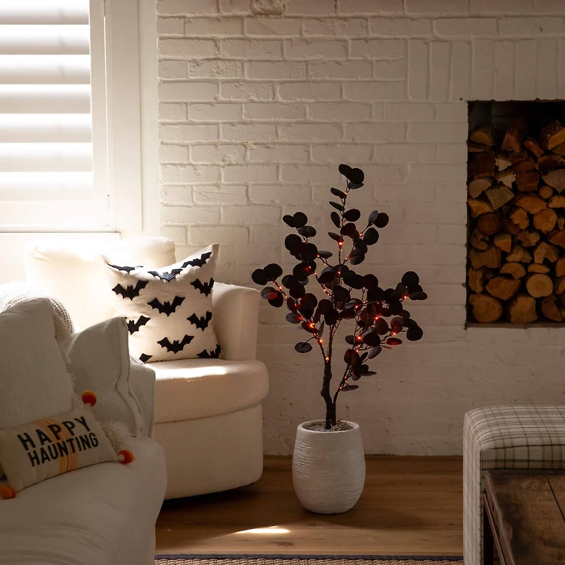 3ft. Pre-Lit Artificial Halloween Black Eucalyptus Tree with 80 Orange & Purple LED Lights