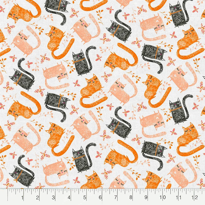 Fabric Editions White Playful Kittens Cotton Fabric