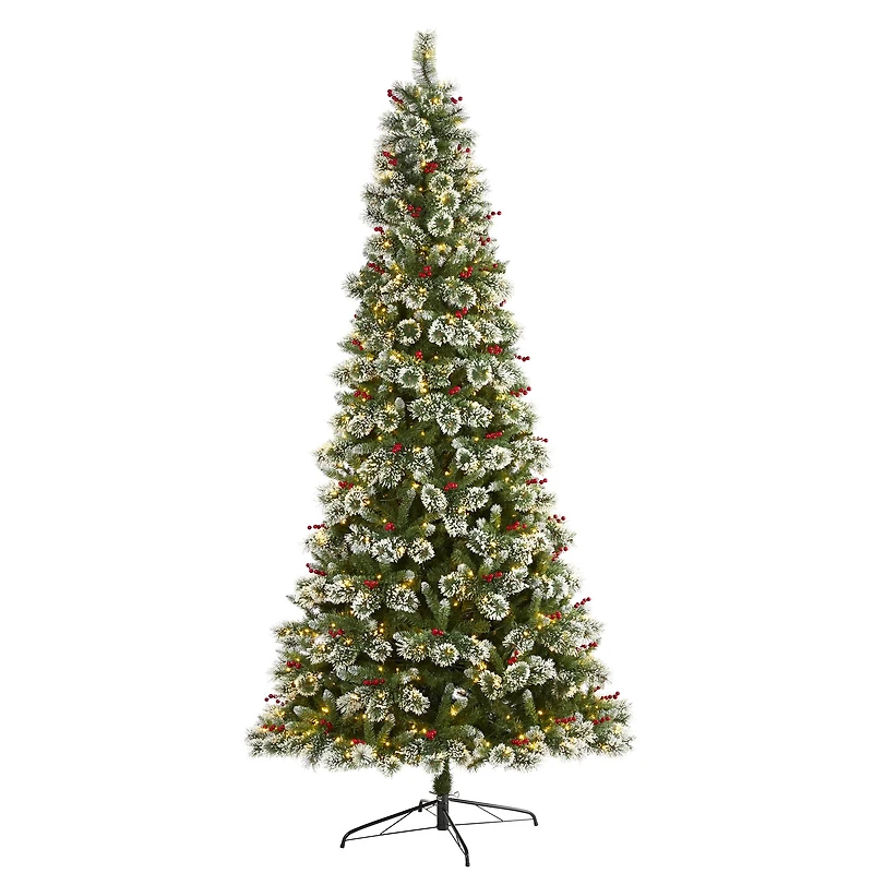 9ft. Pre-Lit Frosted Swiss Pine & Berries Artificial Christmas Tree with Clear LED Lights