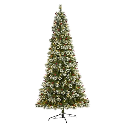 9ft. Pre-Lit Frosted Swiss Pine & Berries Artificial Christmas Tree with Clear LED Lights