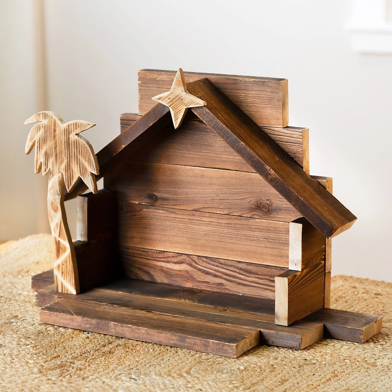 Wooden Nativity Stable with Star and Palm Tree - 22"