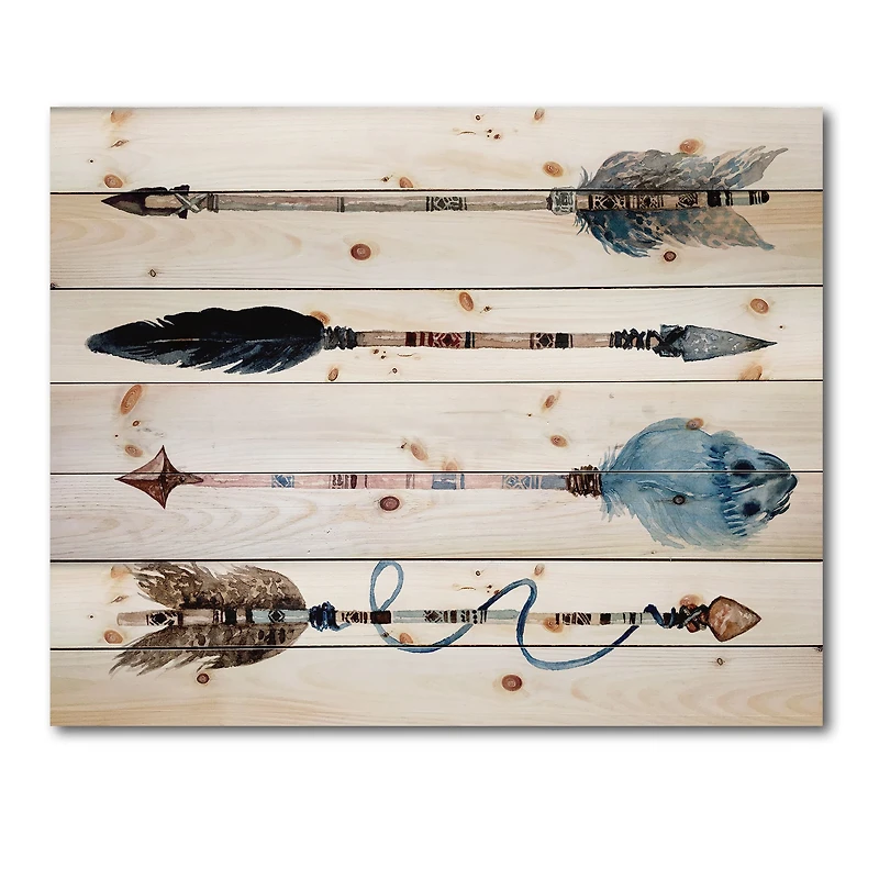 Designart - Ethnic Feathers and Flowers On Native Arrows IV - Bohemian & Eclectic Print on Natural Pine Wood