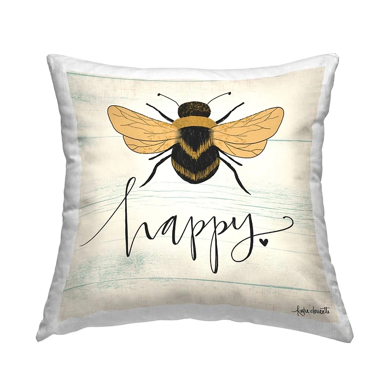 Stupell Industries Bee Happy Yellow Green Family Word Design Throw Pillow 18" x 18"