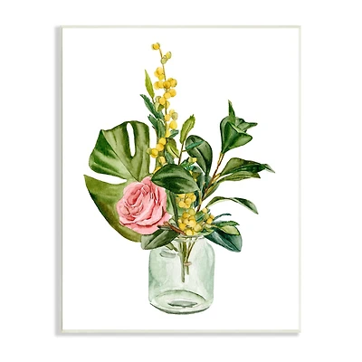 Stupell Industries Pink Rose Yellow Botanical Bouquet Glass Jar Watercolor Wall Plaque