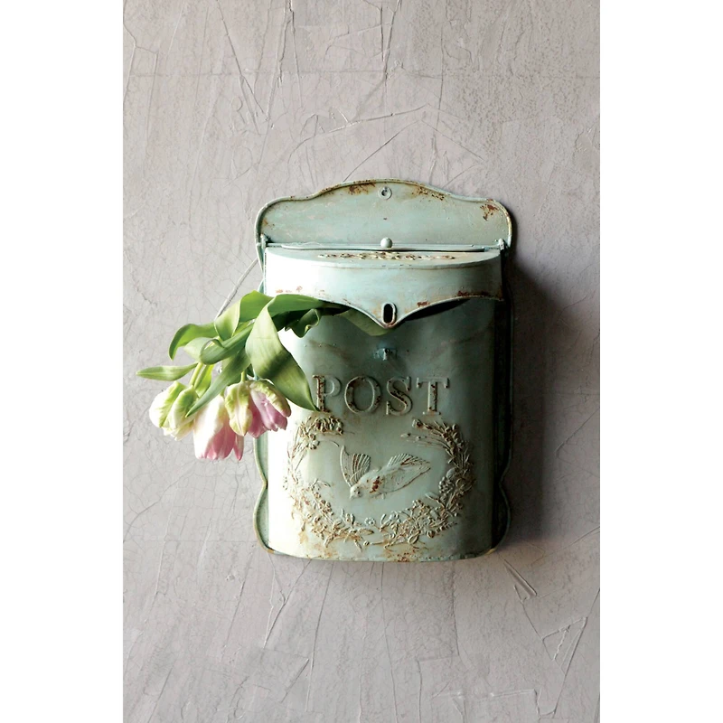Hello Honey® Aqua Embossed Tin Post Box with Distressed Finish Wall Décor