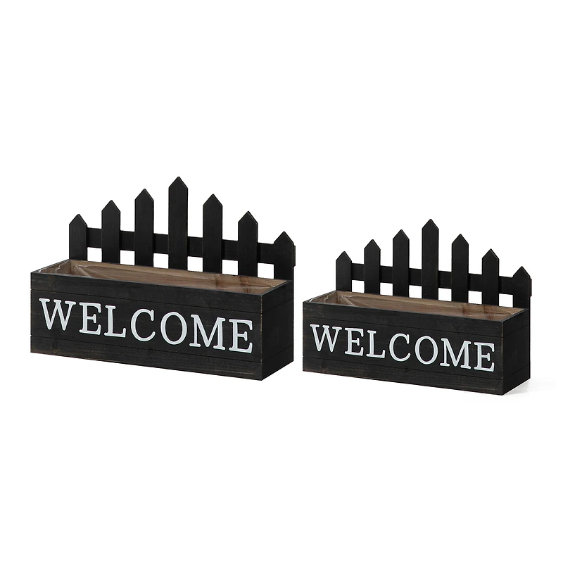 Glitzhome® Black Wood WELCOME Fence-Inspired Planter Stand Set