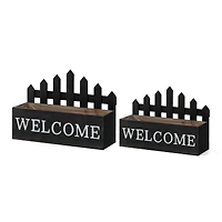 Glitzhome® Black Wood WELCOME Fence-Inspired Planter Stand Set