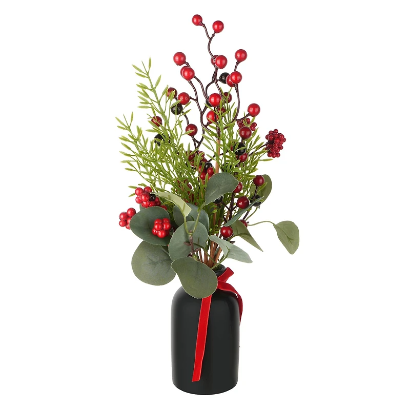 16.5" Red Berry & Greenery Arrangement in Black Ceramic Vase by Ashland®