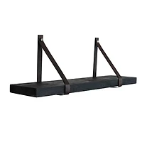 Hello Honey® 29.5" Black Mango Wood & Leather Straps Wall Shelf