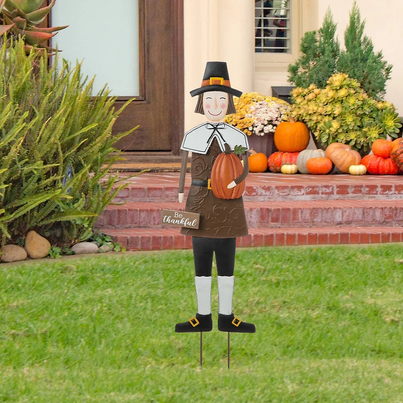 Glitzhome® 36" Metal Thanksgiving Pilgrim Boy Standing Or Hanging Yard Stake