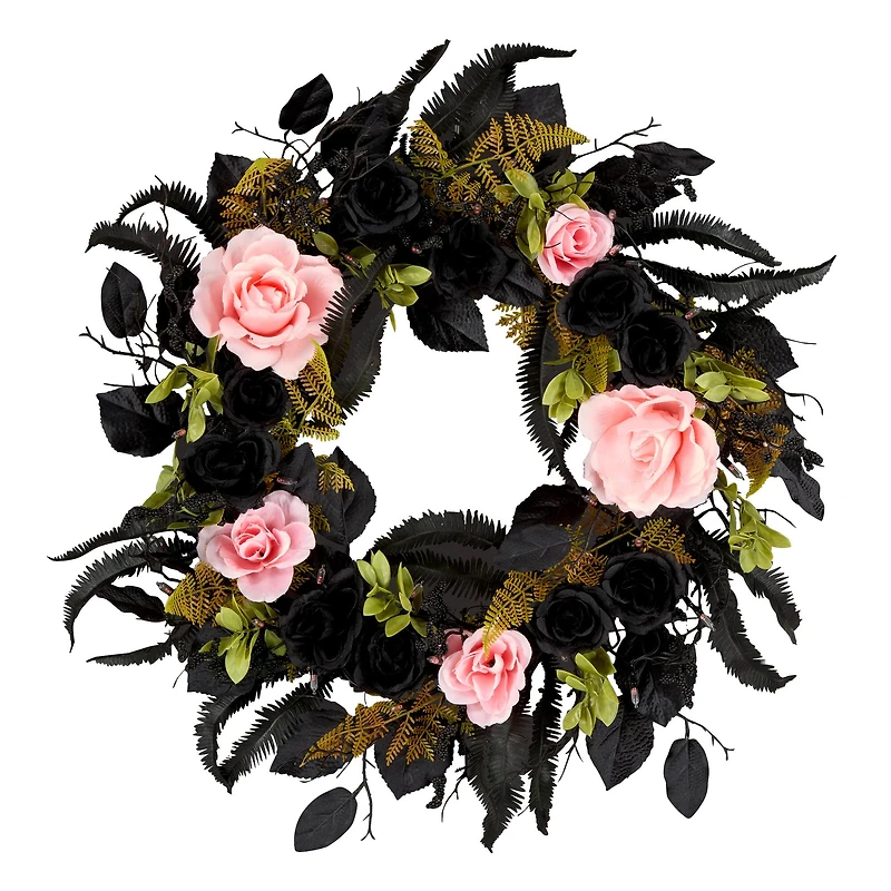 24" Cute & Creepy Black & Pink Flower Halloween Pre-Lit LED Wreath