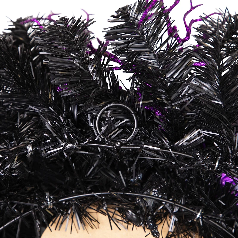 24'' Unlit Purple and Black Spooky Skeleton Pine Halloween Wreath