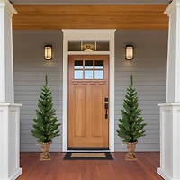 2 Pack 4ft. Pre-Lit Porch Pine Topiary Artificial Potted Christmas Trees, Clear Lights