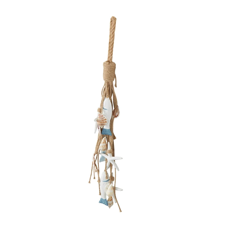 Brown Jute Rope Fish Layered Hanging Home Wall Décor with Cream Shell and Starfish Accents