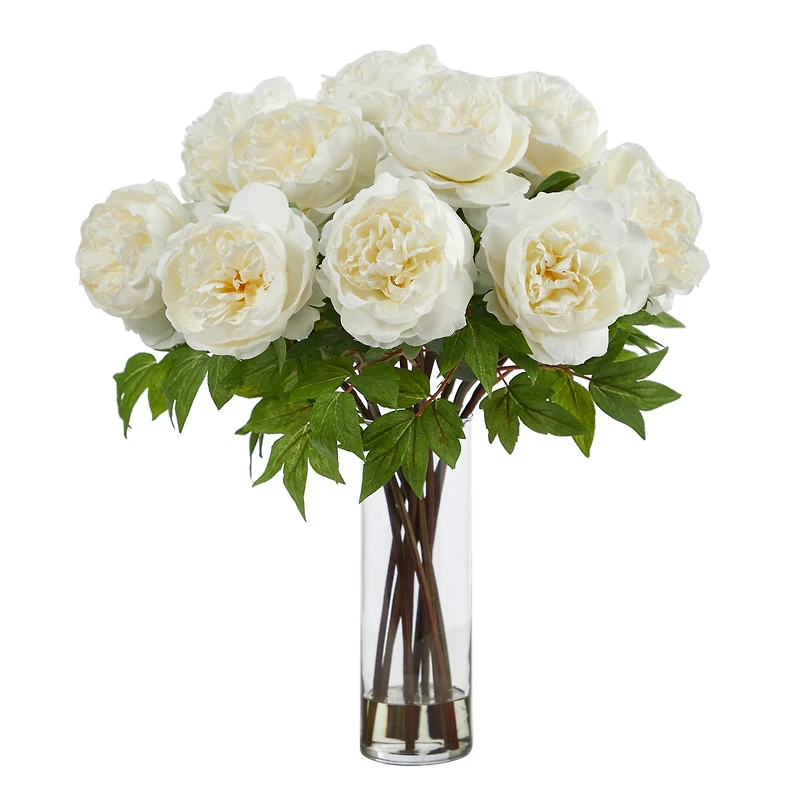 22" Artificial Peony Arrangement with Cylinder Glass Vase