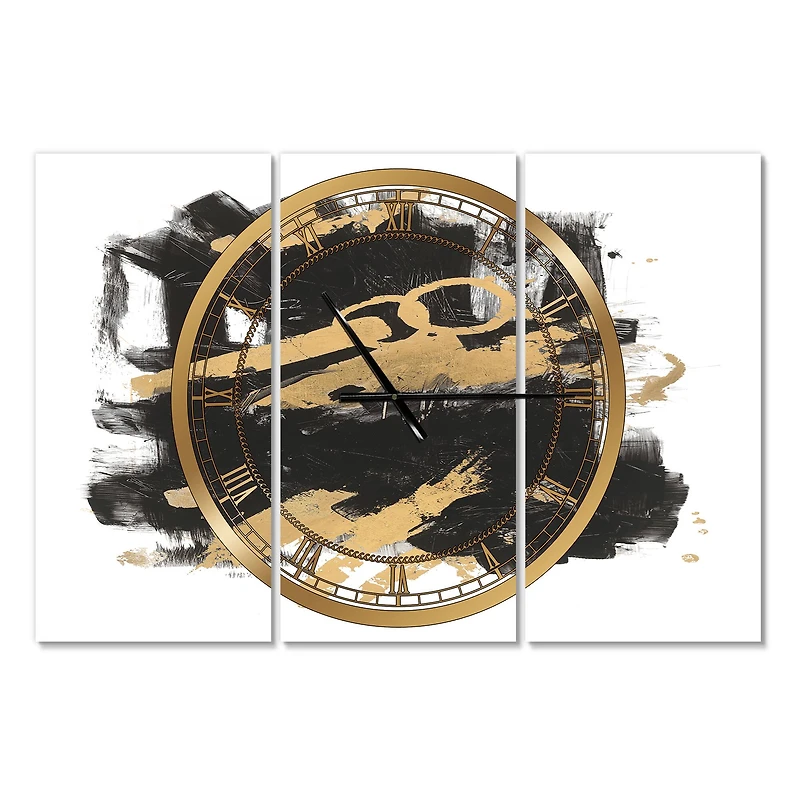 Designart 'Gold And Black Drift I Modern Multipanel Wall Clock