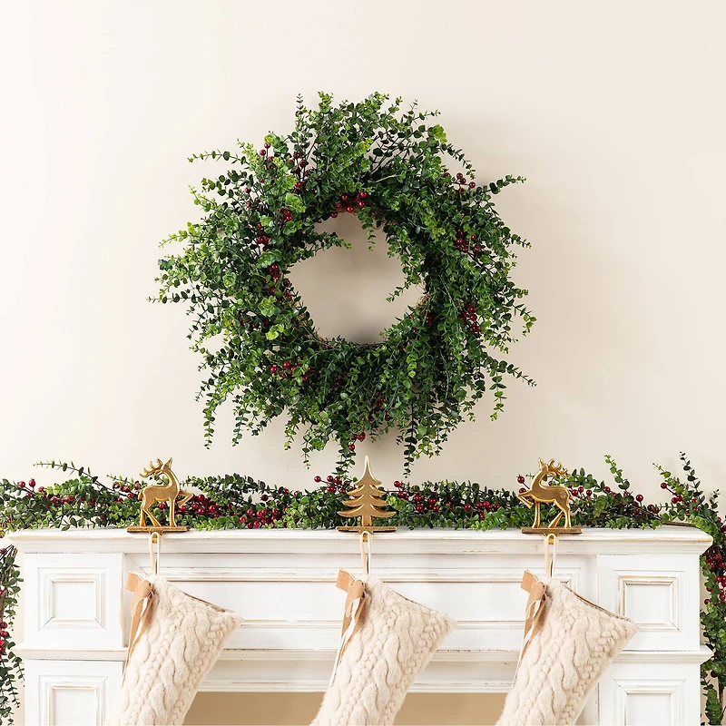 Glitzhome® 28"D Christmas Greenery PE Eucalyptus Wreath with Red Berries