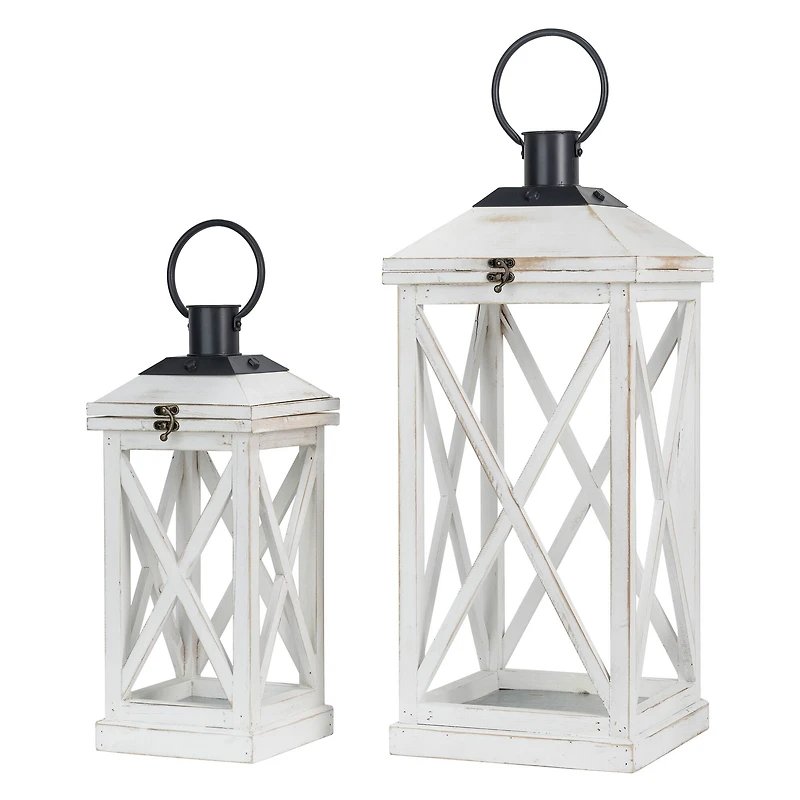 Modern Farmhouse White Wooden Lantern Set, 24" & 17"