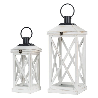 Modern Farmhouse White Wooden Lantern Set, 24" & 17"