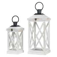 Modern Farmhouse White Wooden Lantern Set, 24" & 17"