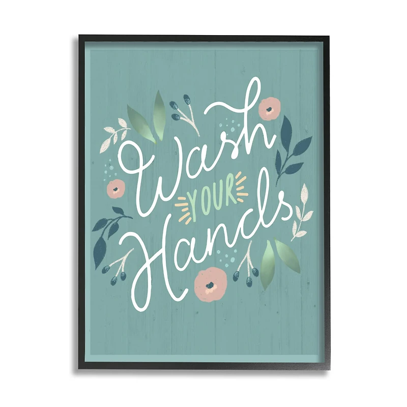 Stupell Industries Wash Your Hands Pink Florals Green Farmhouse Pattern Framed Wall Art