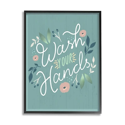 Stupell Industries Wash Your Hands Pink Florals Green Farmhouse Pattern Framed Wall Art