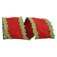 Reliant 4" x 5yd. Holly Leaf Jewel Embroidered Dupioni Wired Ribbon