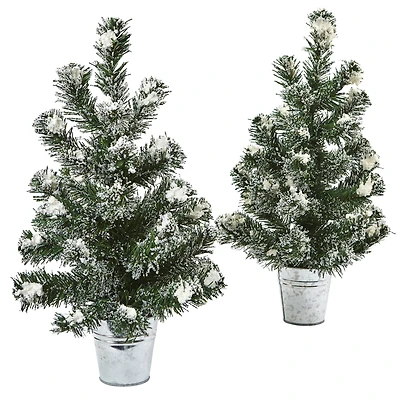 2 Pack 18" Unlit Snowy Mini Pine Artificial Christmas Trees with Tin Planters