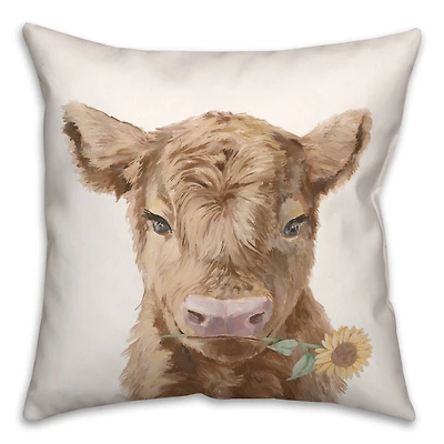 Baby Highland Cow with Sunflower Indoor & Outdoor Throw Pillow