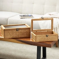 Brown Woven Rattan Box with Glass Top Set