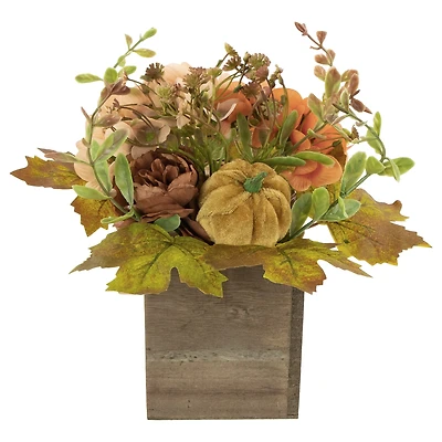 10" Orange Floral & Pumpkin Wooden Box Fall Harvest Tabletop Decoration