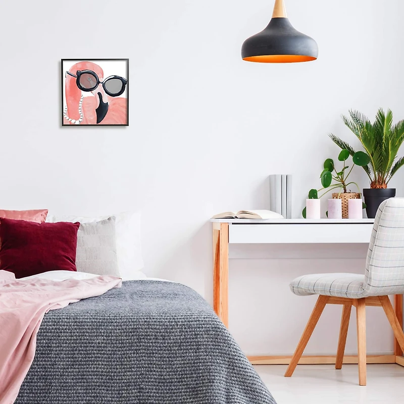 Stupell Industries Glam Fashion Pink Flamingo Sunglasses Pearls Bird Framed Wall Art