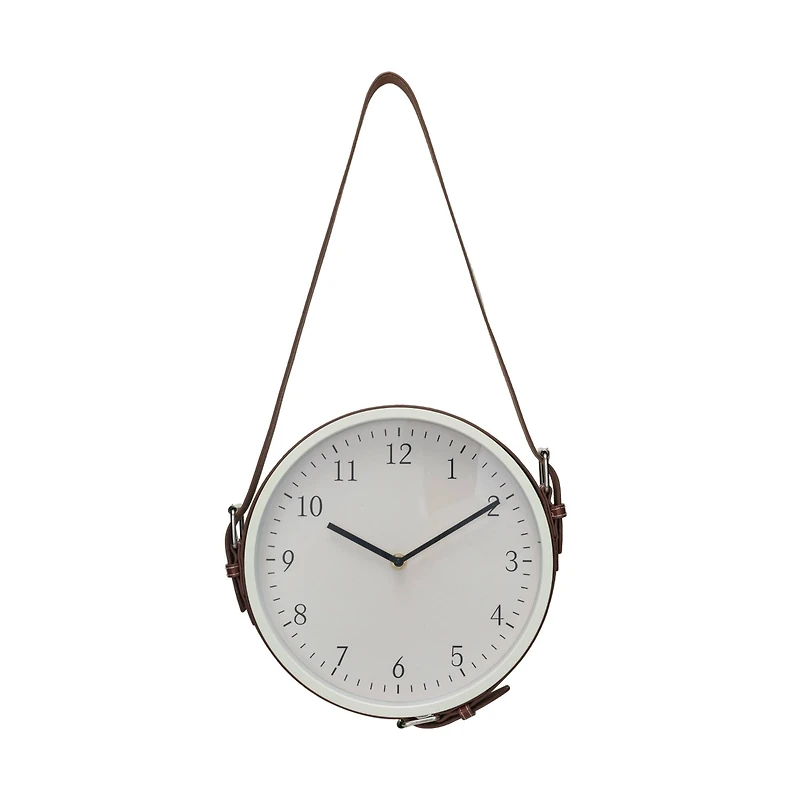 Hello Honey® White & Brown Plastic Hanging Wall Clock with Leather Strap