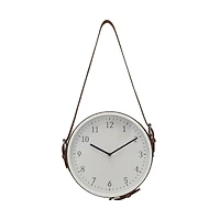 Hello Honey® White & Brown Plastic Hanging Wall Clock with Leather Strap