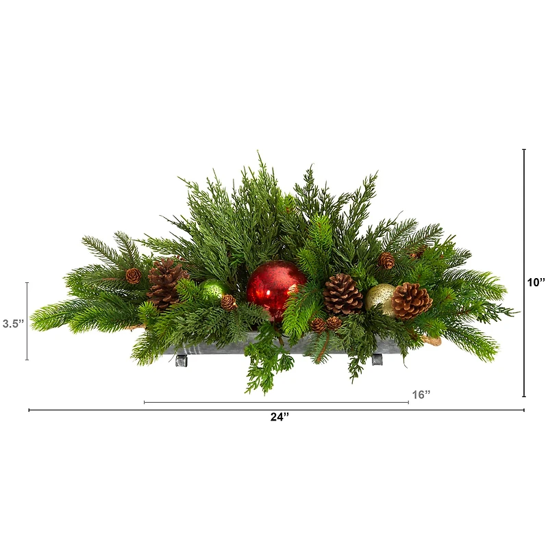 24" Cedar Pine, Pinecones & Ornaments Artificial Christmas Arrangement in Tin Vase