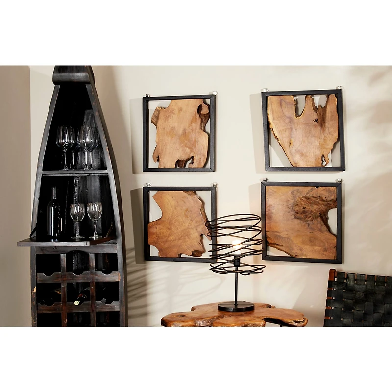 Set of 4 Brown Teak Wood Rustic Abstract Wall Decor, 18" x 18"