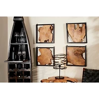 Set of 4 Brown Teak Wood Rustic Abstract Wall Decor, 18" x 18"