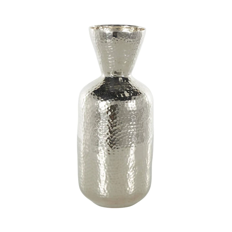 14" Silver Hammered Aluminum Vase with Cone Shaped Opening