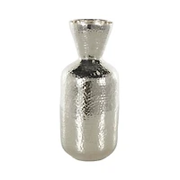 14" Silver Hammered Aluminum Vase with Cone Shaped Opening