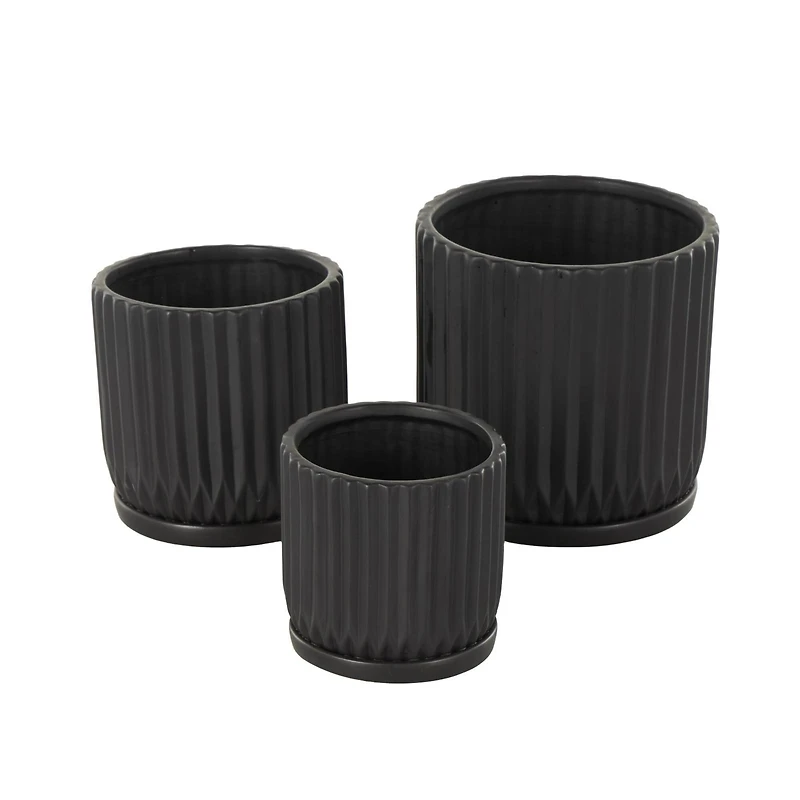 Black Ribbed Textured Ceramic Planter Set
