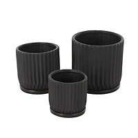 Black Ribbed Textured Ceramic Planter Set