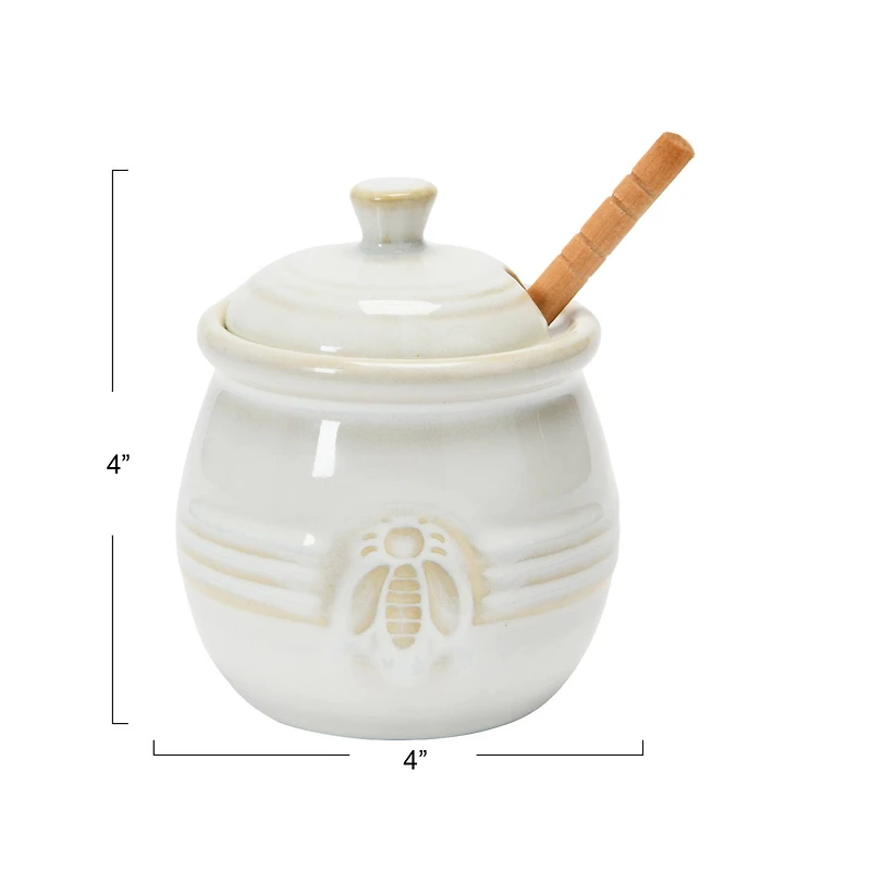 Hello Honey® 3.5" White Ceramic Honey Bee Pot & Wood Dipper