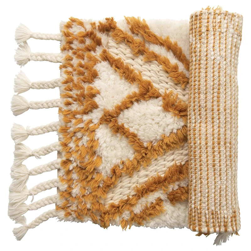 Wool Tufted Patterned Rug with Braided Tassels, 24" x 40"
