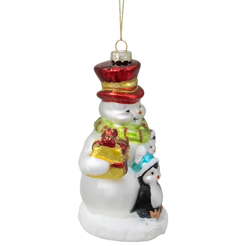 Snowman with Penguins Christmas Glass Ornament 